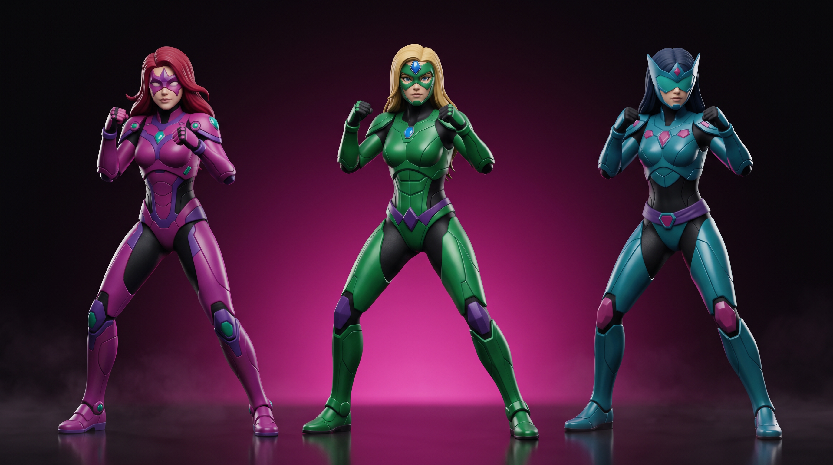 Tania Murakami, Gwen Johnson and Sophie Blake in fighting stance